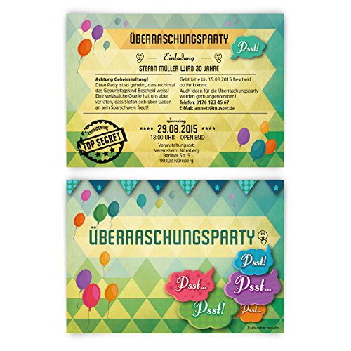 Einladungskarten zum Geburtstag (80 Stück) Überraschungsparty Einladung Party Überraschung von Kartenmachen.de