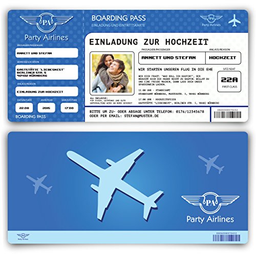 Einladungskarten zur Hochzeit (10 Stück) Flugticket Blau Ticket Einladung Karte mit Foto von Kartenmachen.de