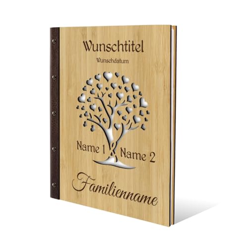 Kartenmachen.de Familien Stammbuch Bambus mit Lederrücken Holzcover mit individueller Gravur inkl. Extras DIN A4 hoch 240x310mm - Herzbaum von Kartenmachen.de