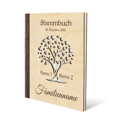 Familien Stammbuch Birkensperrholz mit Lederrücken Holzcover mit individueller Gravur inkl. Extras DIN A4 hoch 240x310mm - Herzbaum von Kartenmachen.de