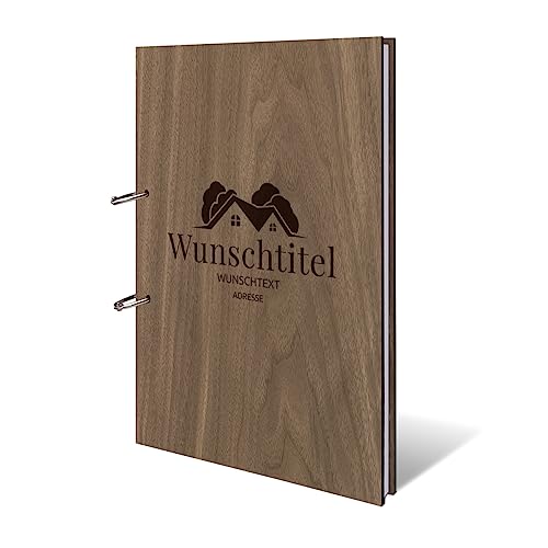Ferienwohnung Gästebuch Nussbaum Holzcover mit individueller Gravur inkl. 72 Naturpapier Blätter DIN A4 hoch 215 x 302 mm - Modern von Kartenmachen.de