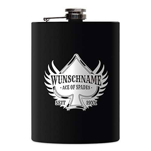 Flachmann Edelstahl Schwarz Matt 237 ml 8 oz individuelle Gravur in Silber - Ace of Spades Flachmann Edelstahl Schwarz Matt 237 ml 8 oz individuelle Gravur in Silber - Ace of Spades von Kartenmachen.de