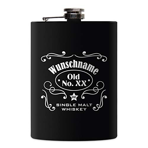 Flachmann Edelstahl Schwarz Matt 237 ml 8 oz individuelle Gravur in Silber - Markenwhisky von Kartenmachen.de
