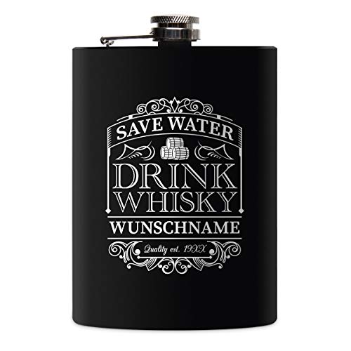 Flachmann Edelstahl Schwarz Matt 237 ml 8 oz individuelle Gravur in Silber - Save Water Drink Whisky von Kartenmachen.de