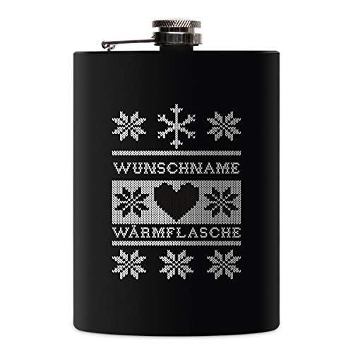 Flachmann Edelstahl Schwarz Matt 237 ml 8 oz individuelle Gravur in Silber - Wärmflasche von Kartenmachen.de