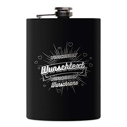 Flachmann Edelstahl Schwarz Matt 237 ml 8 oz individuelle Gravur in Silber - der Beste der Welt von Kartenmachen.de