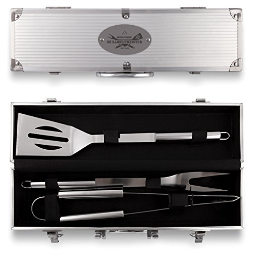 Grillkoffer 3-teilig Grillbesteck Edelstahl Grill Set mit Gravur - Grillweltmeister von Kartenmachen.de