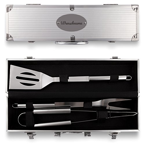 Grillkoffer 3-teilig Grillbesteck Edelstahl Grill Set mit Gravur - Schriftzug Name von Kartenmachen.de