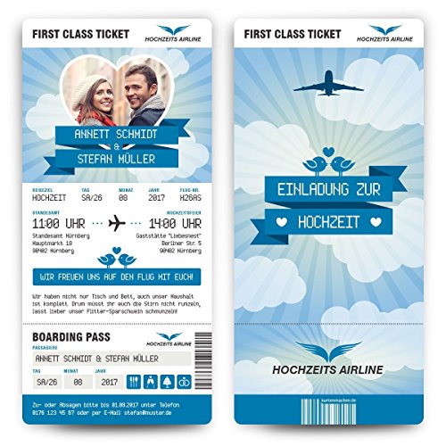 Hochzeit Einladungen (10 Stück) - First Class Flugticket Blau - Hochzeitskarten Foto Abriss von Kartenmachen.de