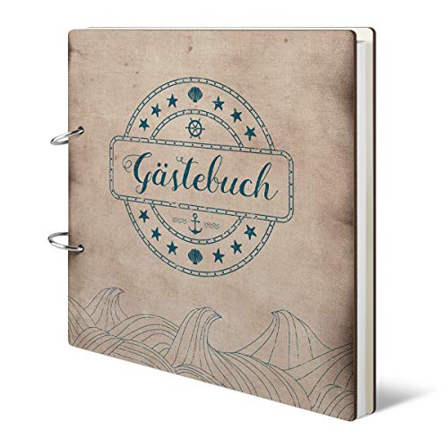 Hochzeit Gästebuch Holzcover 215 x 215 mm 144 Naturpapier Innenseiten - Maritim von Kartenmachen.de