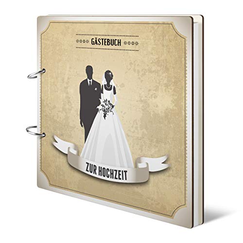 Hochzeit Gästebuch Holzcover 215 x 215 mm 144 Naturpapier Innenseiten - Vintage Brautpaar Weiß von Kartenmachen.de