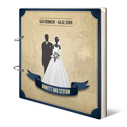 Hochzeit Gästebuch Holzcover 215 x 215 mm 144 Naturpapier Innenseiten personalisiert - Vintage Brautpaar Blau von Kartenmachen.de