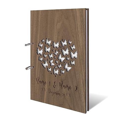 Hochzeit Gästebuch Okoume Holz Gravur individuell Holzcover mit 144 Naturpapier Innenseiten DIN A4 hoch 215 x 302 mm - Schmetterlinge von Kartenmachen.de