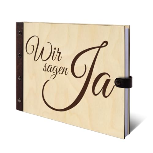 Hochzeit Gästebuch echtes Holz DIN A4 Buch - Ja - mit 72 Blatt / 144 Seiten Naturpapier Weiß von Kartenmachen.de