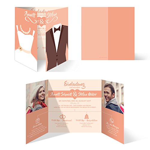 Hochzeitseinladungen (100 Stück) - Braut und Bräutigam Altarfalz - Hochzeitskarten in Pfirsich von Kartenmachen.de