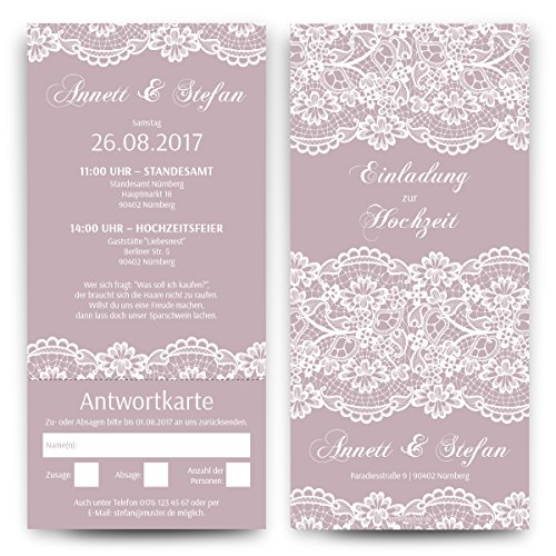 Hochzeitseinladungen mit Antwortkarte (30 Stück) - Spitze in Lila - Hochzeitskarten Tickets von Kartenmachen.de