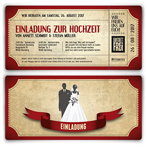 Kartenmachen.de Personalisierte Einladungskarten zur Hochzeit (ab 10 Stück Sets selbst gestalten) als Eintrittskarte mit echtem Abriss im Vintage Ticket Look Hochzeitskarten in Rot von Kartenmachen.de
