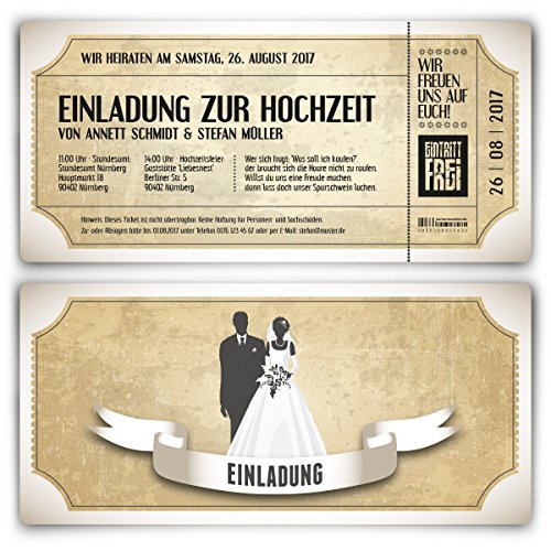 Kartenmachen.de Einladungskarten zur Hochzeit (10 Stück) als Eintrittskarte im Vintage Ticket Look Hochzeitskarten in Weiß von Kartenmachen.de