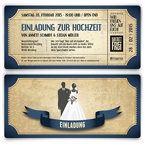 Kartenmachen.de Personalisierte Einladungskarten zur Hochzeit (ab 10 Stück Sets selbst gestalten) als Eintrittskarte mit echtem Abriss im Vintage Ticket Look Hochzeitskarten in Blau von Kartenmachen.de