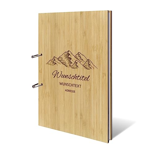 Personalisiertes Ferienwohnung Gästebuch echtes Holz DIN A4 Besucherbuch mit Lasergravur - Berge - mit 72 Blatt / 144 Seiten Naturpapier Weiß von Kartenmachen.de