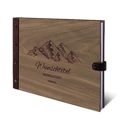 Personalisiertes Ferienwohnung Gästebuch echtes Holz DIN A4 Besucherbuch mit Lasergravur - Berge - mit 72 Blatt / 144 Seiten Naturpapier Weiß von Kartenmachen.de