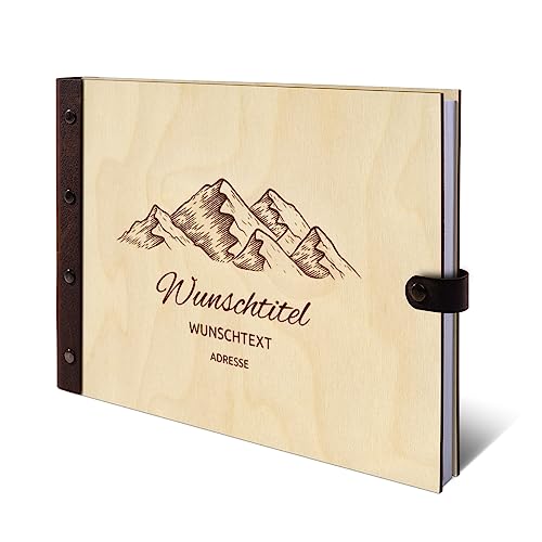 Personalisiertes Ferienwohnung Gästebuch echtes Holz DIN A4 Besucherbuch mit Lasergravur - Berge - mit 72 Blatt / 144 Seiten Naturpapier Weiß von Kartenmachen.de