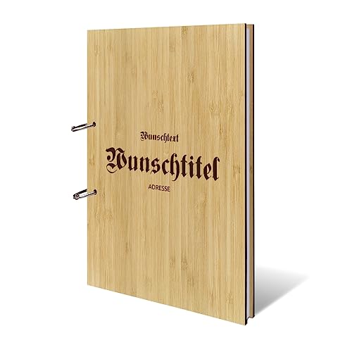 Personalisiertes Ferienwohnung Gästebuch echtes Holz DIN A4 mit Lasergravur - Altdeutsch - mit 72 Blatt / 144 Seiten Naturpapier Weiß von Kartenmachen.de