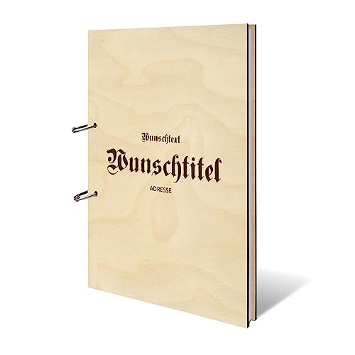 Personalisiertes Ferienwohnung Gästebuch echtes Holz DIN A4 mit Lasergravur - Altdeutsch - mit 72 Blatt / 144 Seiten Naturpapier Weiß von Kartenmachen.de
