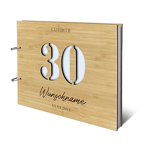 Personalisiertes Geburtstag Gästebuch Bambus Cover Naturpapier 72 Blätter | 144 Innenseiten DIN A4 quer 302 x 215 mm - 30 Jahre von Kartenmachen.de