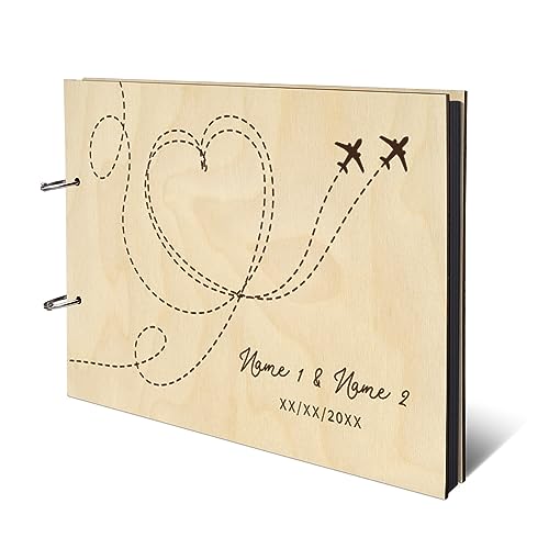 Personalisiertes Hochzeit Fotoalbum echtes Holz DIN A4 Erinnerungsbuch mit Lasergravur - Flugzeuge - mit 25 Blatt / 50 Seiten Fotokarton Schwarz von Kartenmachen.de