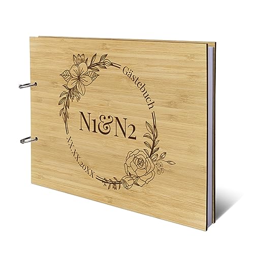 Personalisiertes Hochzeit Gästebuch echtes Holz DIN A4 Hochzeitsbuch mit Lasergravur - Blumen Initialen - mit 72 Blatt / 144 Seiten Naturpapier Weiß von Kartenmachen.de