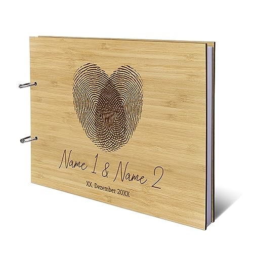 Personalisiertes Hochzeit Gästebuch echtes Holz DIN A4 Hochzeitsbuch mit Lasergravur - Fingerabdrücke - mit 72 Blatt / 144 Seiten Naturpapier Weiß von Kartenmachen.de