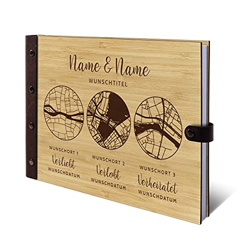 Personalisiertes Hochzeit Gästebuch Bambus Cover mit Echt-Leder mit Ihren 3 individuellen Adressen inkl. 72 Blätter | 144 Innenseiten DIN A4 quer - Verliebt Verlobt Verheiratet Personalisiertes Hochzeit Gästebuch Bambus Cover mit Echt-Leder mit Ihren 3 individuellen Adressen inkl. 72 Blätter | 144 Innenseiten DIN A4 quer - Verliebt Verlobt Verheiratet von Kartenmachen.de