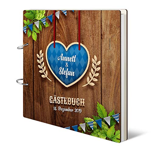 Personalisiertes Hochzeit Gästebuch Holzcover 215 x 215 mm 144 Naturpapier Innenseiten - O'zapft is in Blau von Kartenmachen.de