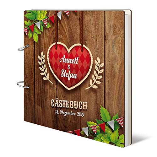 Personalisiertes Hochzeit Gästebuch Holzcover 215 x 215 mm 144 Naturpapier Innenseiten - O'zapft is in Rot von Kartenmachen.de