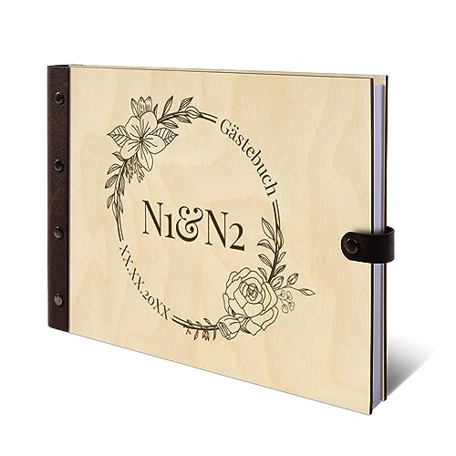 Personalisiertes Hochzeit Gästebuch echtes Holz DIN A4 Hochzeitsbuch mit Lasergravur - Blumen Initialen - mit 72 Blatt / 144 Seiten Naturpapier Weiß von Kartenmachen.de