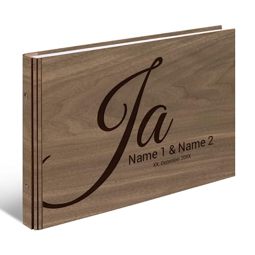 Personalisiertes Hochzeit Gästebuch echtes Holz DIN A4 Hochzeitsbuch mit Lasergravur - Ja - mit 72 Blatt / 144 Seiten Naturpapier Weiß von Kartenmachen.de