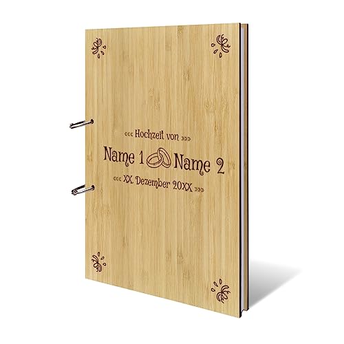 Personalisiertes Hochzeit Gästebuch echtes Holz DIN A4 Hochzeitsbuch mit Lasergravur - Ringe - mit 72 Blatt / 144 Seiten Naturpapier Weiß von Kartenmachen.de