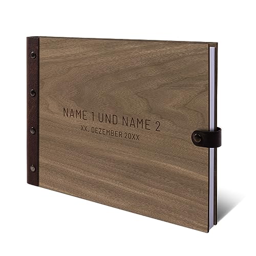 Personalisiertes Hochzeit Gästebuch echtes Holz DIN A4 Hochzeitsbuch mit Lasergravur - Schlicht - mit 72 Blatt / 144 Seiten Naturpapier Weiß von Kartenmachen.de