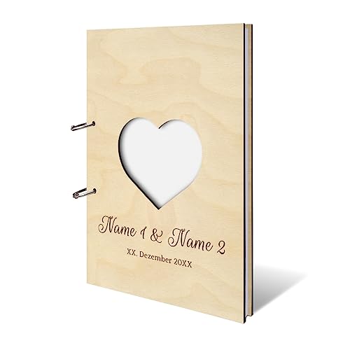 Personalisiertes Hochzeit Gästebuch echtes Holz lasergeschnitten DIN A4 Hochzeitsbuch mit Lasergravur - Herz - mit 72 Blatt / 144 Seiten Naturpapier Weiß von Kartenmachen.de