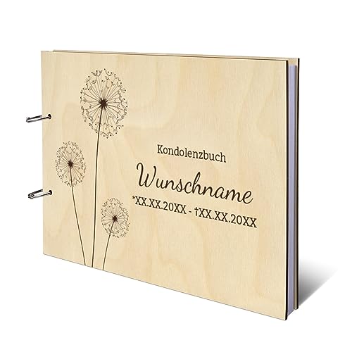Personalisiertes Kondolenzbuch echtes Holz DIN A4 Gästebuch mit Lasergravur - Pusteblume - mit 72 Blatt / 144 Seiten Naturpapier Weiß von Kartenmachen.de