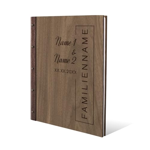 Personalisiertes Stammbuch Hochzeit aus echtem Holz mit Leder Rücken A5 oder A4 inkl. vorgedruckten Seiten - Familienname von Kartenmachen.de