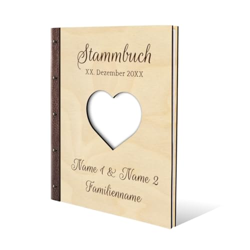 Personalisiertes Stammbuch Hochzeit aus echtem Holz mit Leder Rücken A5 oder A4 inkl. vorgedruckten Seiten - Herz von Kartenmachen.de