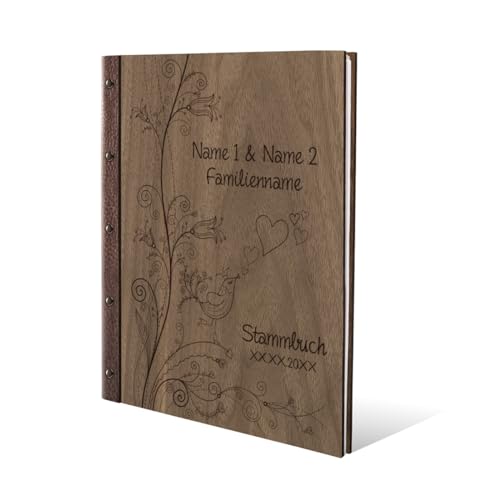 Personalisiertes Stammbuch Hochzeit aus echtem Holz mit Leder Rücken A5 oder A4 inkl. vorgedruckten Seiten - Liebesbaum von Kartenmachen.de