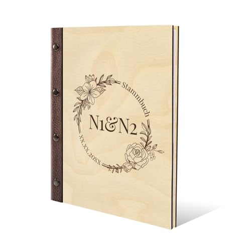 Stammbuch Birkensperrholz Gravur individuell Holzcover mit Echtleder Rücken und Extras Stammbuchformat hoch 175 x 220 mm - Blumen Initialen Stammbuch Birkensperrholz Gravur individuell Holzcover mit Echtleder Rücken und Extras Stammbuchformat hoch 175 x 220 mm - Blumen Initialen von Kartenmachen.de