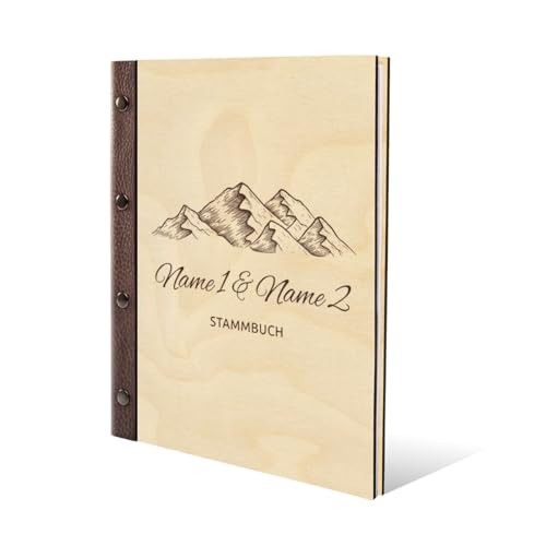 Stammbuch Birkensperrholz Holzcover Gravur individuell mit Echtleder Rücken und Extras A5 hoch 175x220mm - Berge von Kartenmachen.de