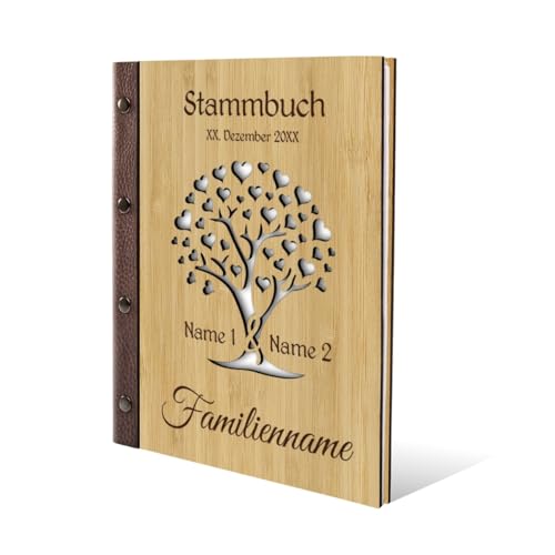 Stammbuch Gravur individuell Bambus Cover lasergeschnitten mit Echtleder Rücken und Extras Stammbuchformat hoch 175 x 220 mm - Herzbaum von Kartenmachen.de