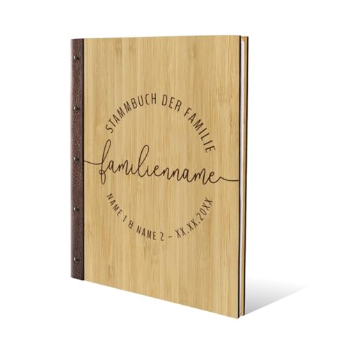 Stammbuch Gravur individuell Bambus Cover mit Echtleder Rücken inkl. vorgedruckte Seiten und Klarsichthüllen DIN A4 (240 x 310 mm) - Lebenslinie von Kartenmachen.de