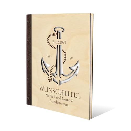 Stammbuch Gravur individuell Birkensperrholz Cover lasergeschnitten mit Echtleder Rücken und Extras DIN A4 (240 x 310 mm) - Anker von Kartenmachen.de