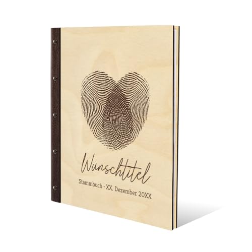 Stammbuch Gravur individuell Birkensperrholz Cover mit Echtleder Rücken inkl. vorgedruckte Seiten und Klarsichthüllen DIN A4 (240 x 310 mm) - Fingerabdrücke von Kartenmachen.de